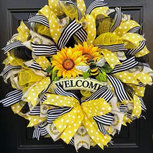 Handmade Bumble Bee Wreath, Sunflower Welcome Door Decor, Farmhouse Bee Home Accent