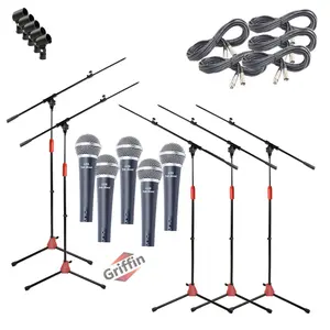 GRIFFIN Microphone Stand Package of 5 with Vocal Unidirectional Mics & XLR Cables | Handheld Cardioid Dynamic Microphones for Home Studio Recording, DJ Live Streaming & Stage Singing | 20FT XLR Cords