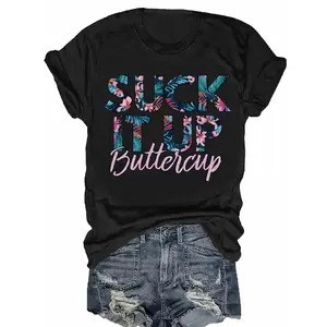 Plus Size - Plus Size - 1pc Women'S Casual T-Shirt with Suck It Up Buttercup Letter Print, Crew Neck, Short Sleeve, Regular Length - Fabric Alphabet Pattern Top for All Seasons, Ladies T Shirts
