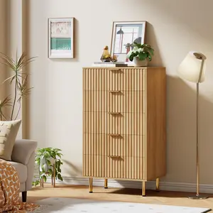 Garvee dresser with 5 drawers for bedroom, 121.9 cm high, modern dresser with deep drawers and wide top, ribbed wooden dresser, organizer for living room, hallway, children's room