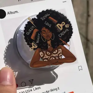Royal Afro Queen Phone Grip - Melanin Empowerment Griptok with Crown, Love, and Beauty Typography - Artistic Black Girl Magic Phone Stand