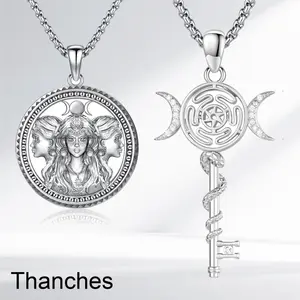Thanches Hecate Necklace 925 Sterling Silver Triple Moon Goddess Pendant Wiccan Pagan Magic Amulet Jewelry Protection Witchcraft Tetragrammaton Witches Medal Perfect Gift for Women Men
