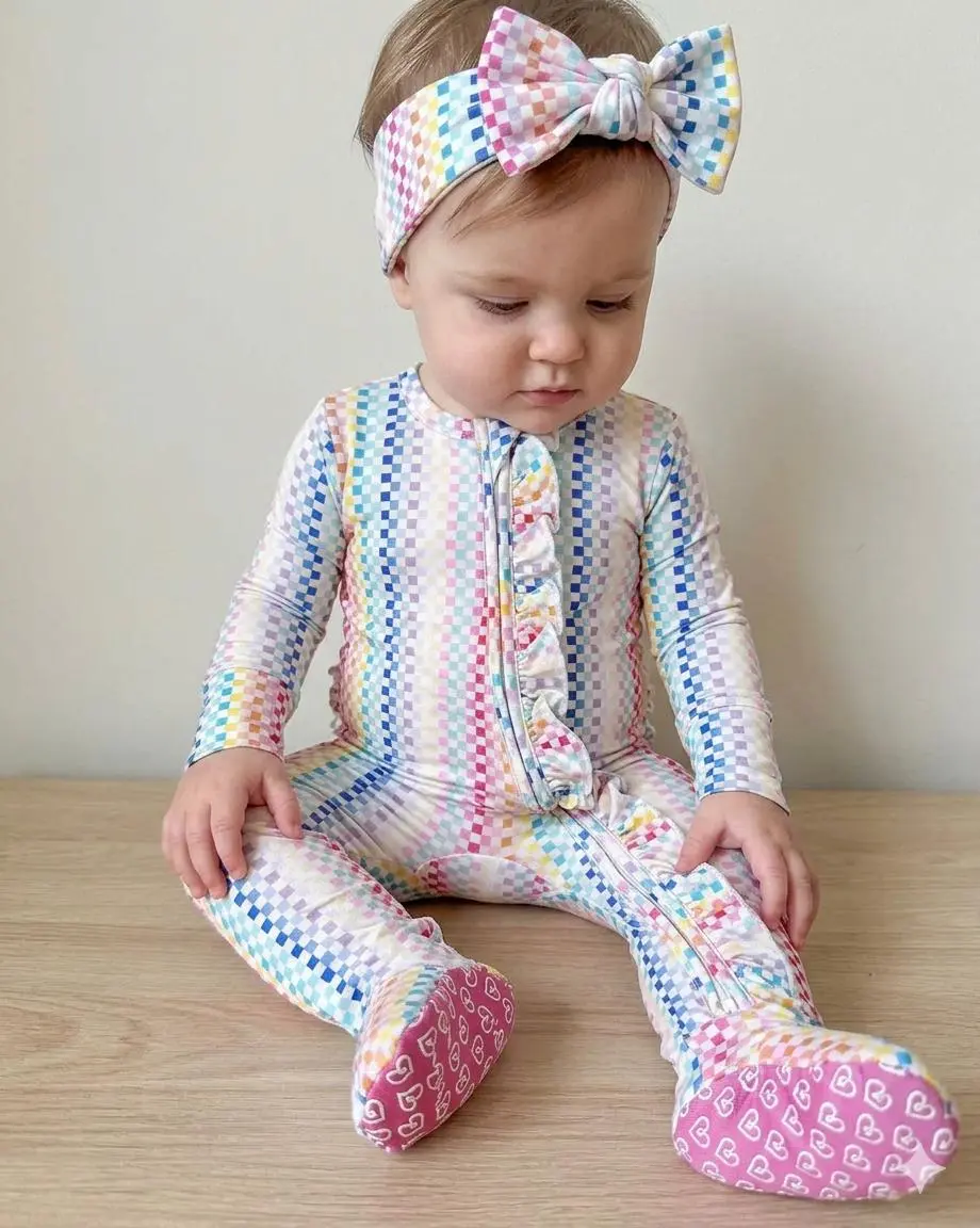 Lev Baby Aria Ruffled Double-Zippered Footie - Organic Bamboo Baby Girls Clothing, Long Sleeve Fitted Bodysuit with Rainbow Design, Elastane Fabric, Tag-Free Softness