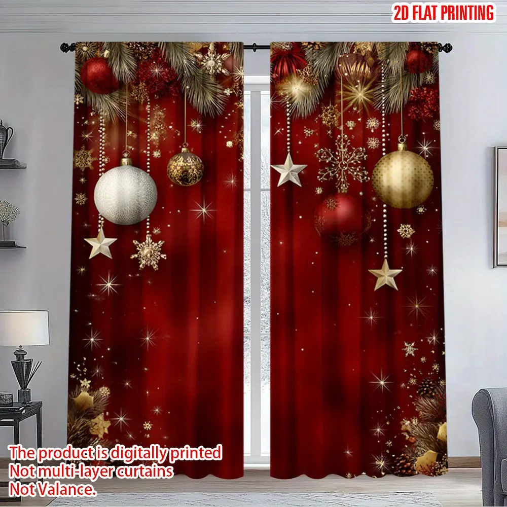2-Piece set, red Christmas ball and star print curtains, translucent rod bag design, easy to hang, suitable for living room bedroom study home decoration, Christmas decorations, suitable for patio door Christmas decorations, Window Decorations Supplies