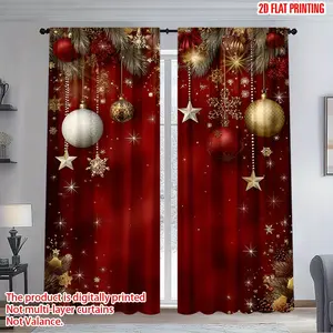 2-Piece set, red Christmas ball and star print curtains, translucent rod bag design, easy to hang, suitable for living room bedroom study home decoration, Christmas decorations, Window Decorations Supplies, suitable for patio door Christmas decorations