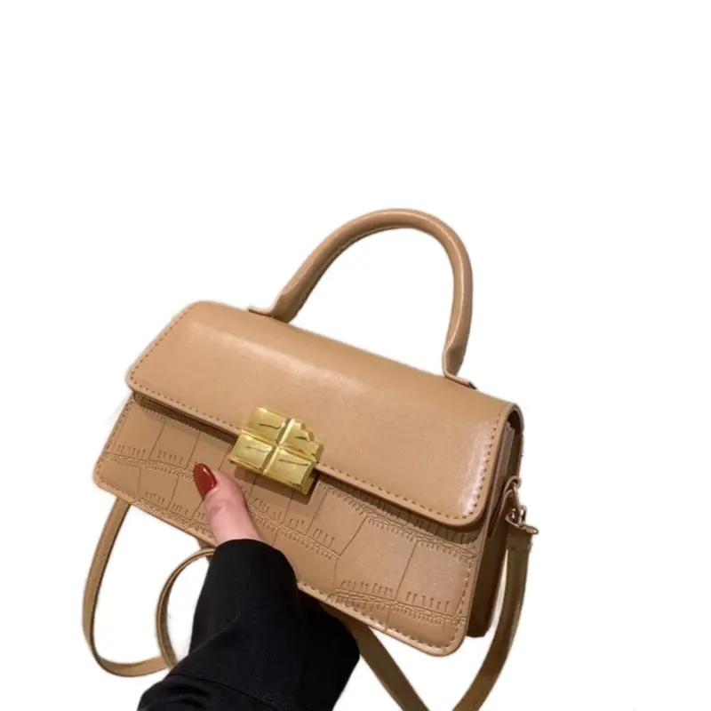 Fashion Bags - Brown Leather Handbag with Gold Clasp, Adjustable Strap & Shoulder Strap
