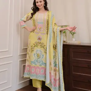 Women straight casual suit summer wear yellow pant set wedding daily wear