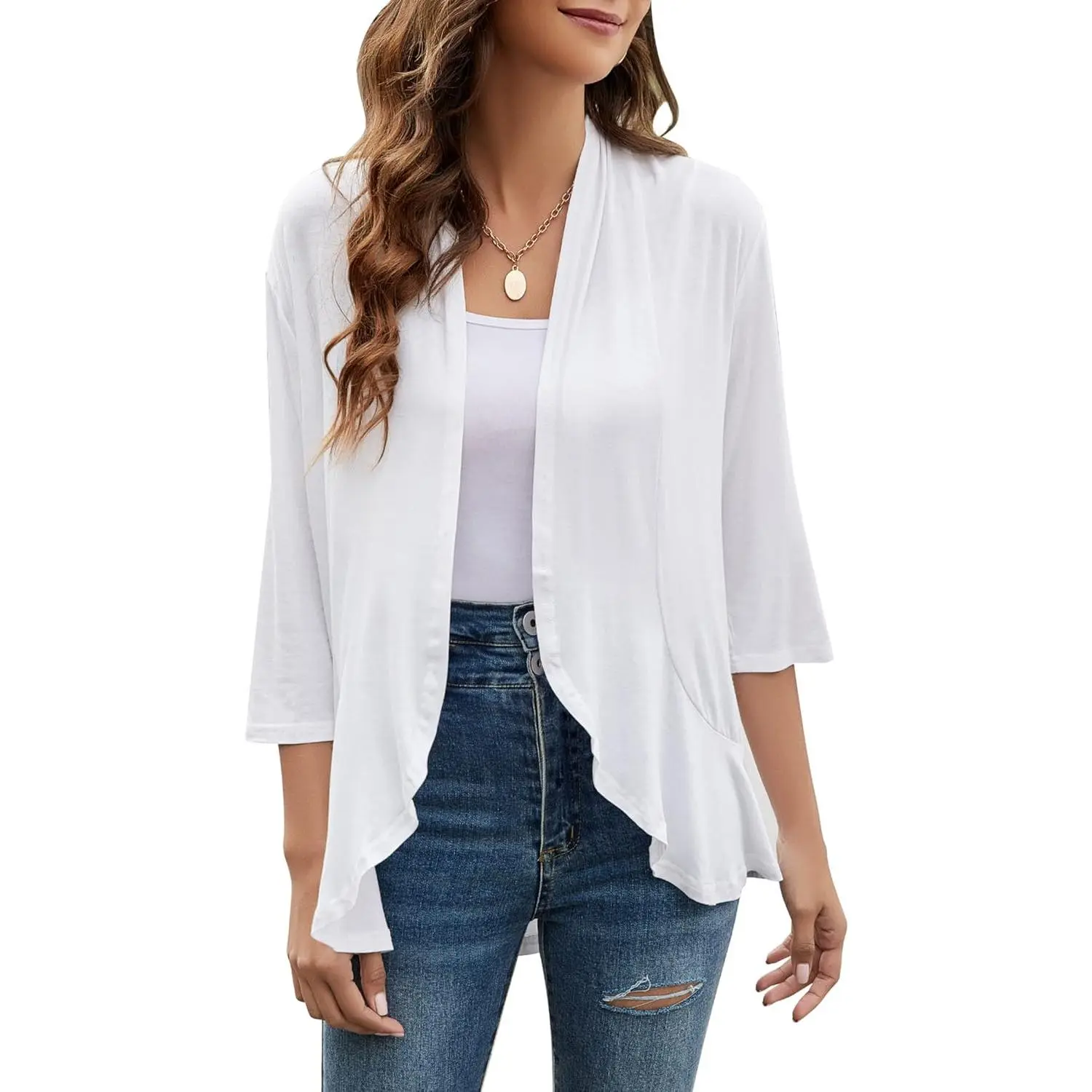 Women Cardigan 3/4 Sleeves Open Front Lightweight Cardigan Draped Ruffles Knit CardiganGift.