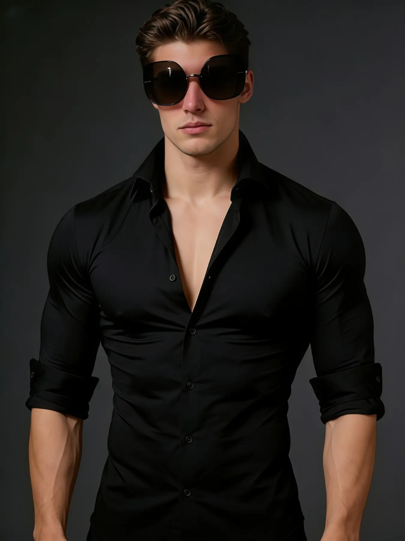 Men's solid color fitted top long-sleeved Button Up Front shirts, suitable for business casual and formal wear (easy to care for), ideal for daily communication, office work, and outdoor activities.