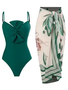 Emerald Green Swimsuit for Women Knot Front One Piece & Cover Up Set - Artistic Floral Wrap Skirt; Vacation Beach Swimwear; Modest Bathing Suit