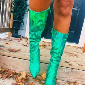 Green Knee-High Thigh-High Boots with Pointed Toe and Plain Design