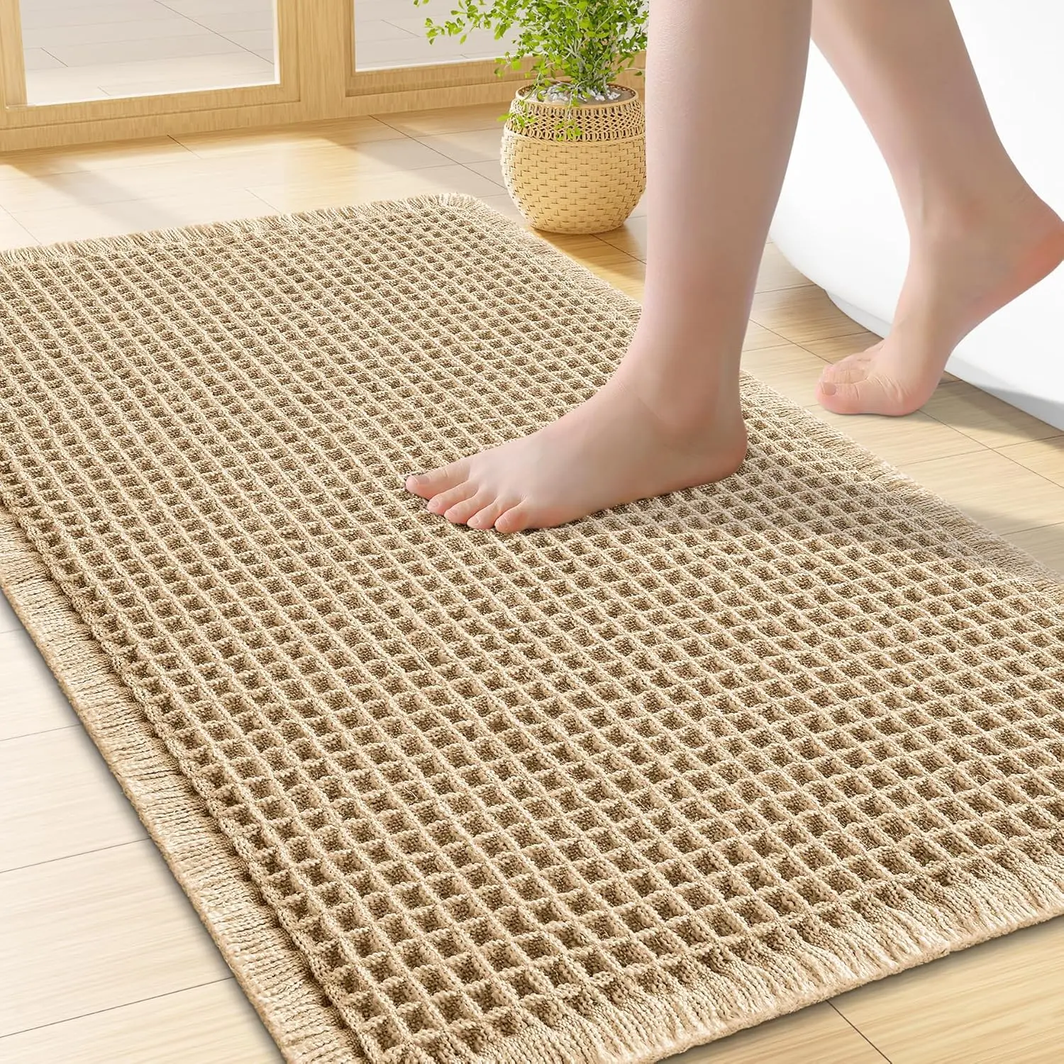 Premium Rectangle Waffle Weave Bath Mat - Sturdy, High-Density Yarns, Super Absorbent, Non-Slip, Comfortable Modern Indoor Bathroom Floor Rug for Bath Use, Easy to Clean (24x16in, Brown), Cold Wash Safe