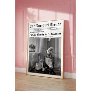 Trendy Newspaper Print, I'll Be Ready in 5 Minutes, Retro Wall Art, Bathroom Decor, Vintage Bar Cart Art, Girl Dorm Room Decor, Printable