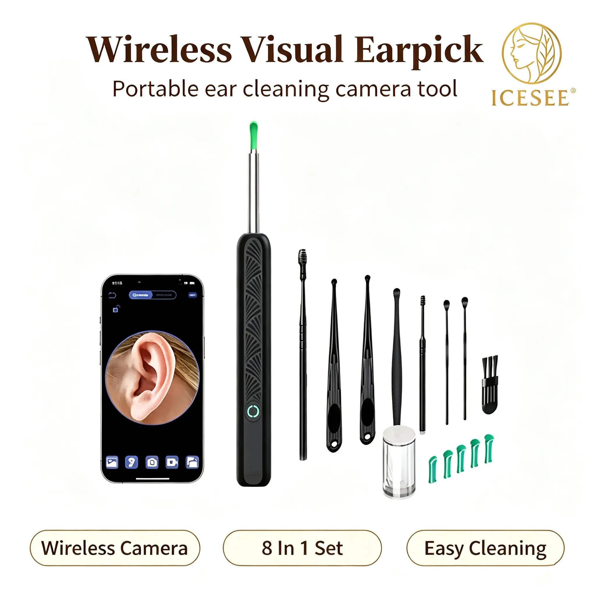 ICESEE Ear Wax Removal - Earwax Remover Tool with 6 Pcs Ear Set - Ear Canal Cleaner with 1080P Camera - Ear Cleaning Kit with 6 Ear Spoon - Ear Camera for iOS & Android