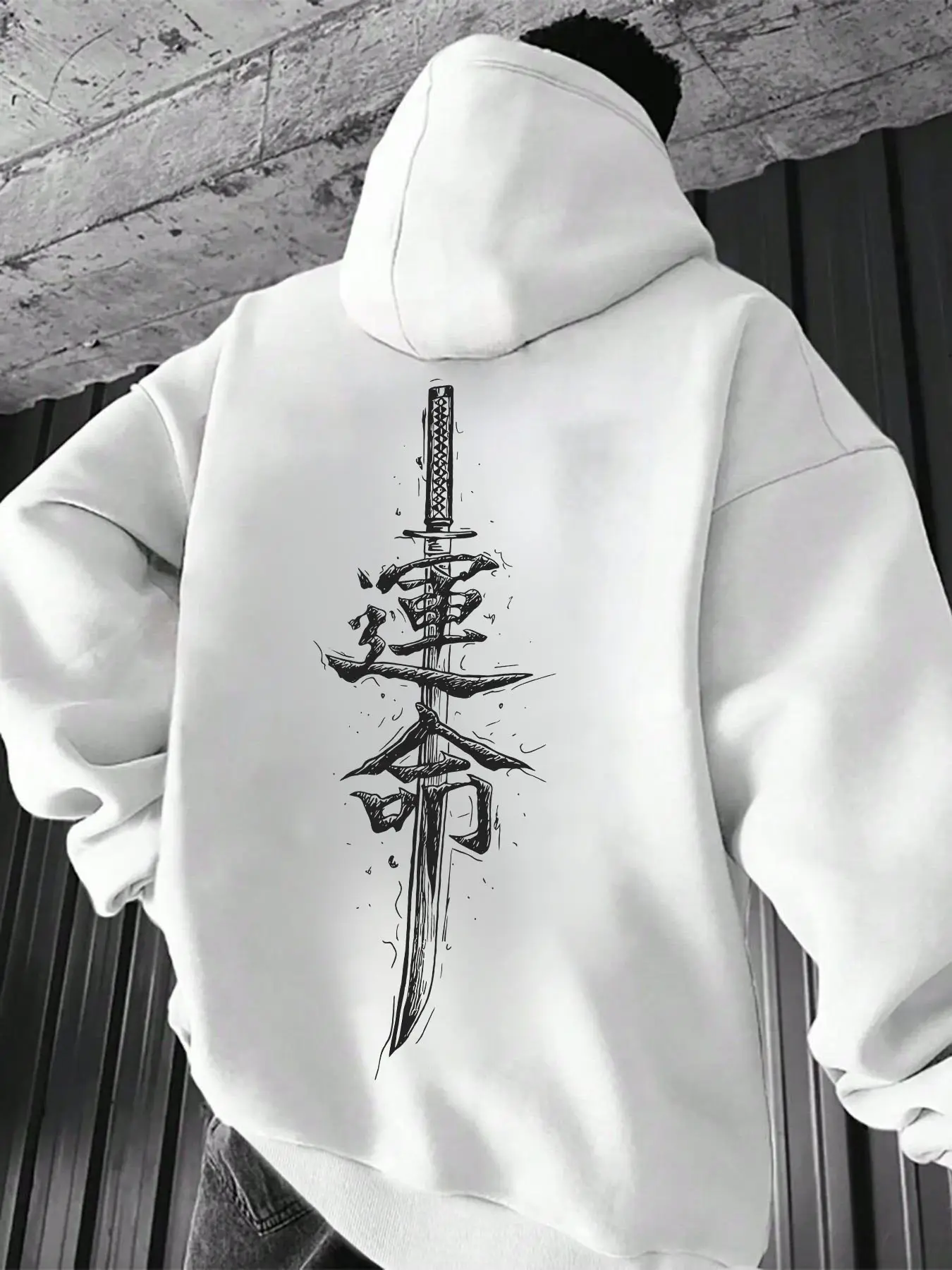Japanese Samurai Fate Hoodie for Men - Oversized Knit Long Sleeve Fitted Pullover Sweatshirt with Katana & Kanji Print, Graphic Print Hoodie, 2025 Trendy Anime Casual Streetwear, Casual Soft Sweatshirt, Casual Fashion Sweatshirt, Casual Hooded Sweatshirt