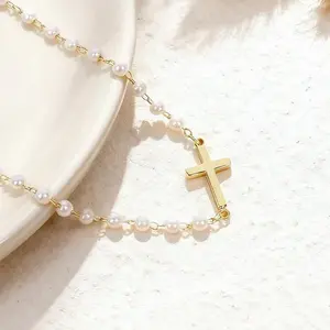 Minimalist Cross Pendant Necklace Delicate Petite Cross Design Christmas Gift for Women & Girls Versatile Pearl Necklace + 2-Inch Extension Chain