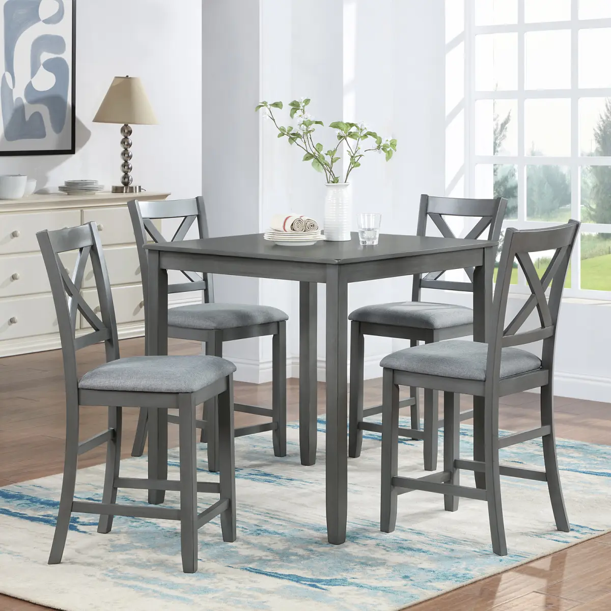5 Piece Counter Height Dining Table Set, Wooden Dining Square Table Set for 4, Kitchen Table Set with Square Table and 4 Upholstered Chairs for Small Space, Gray