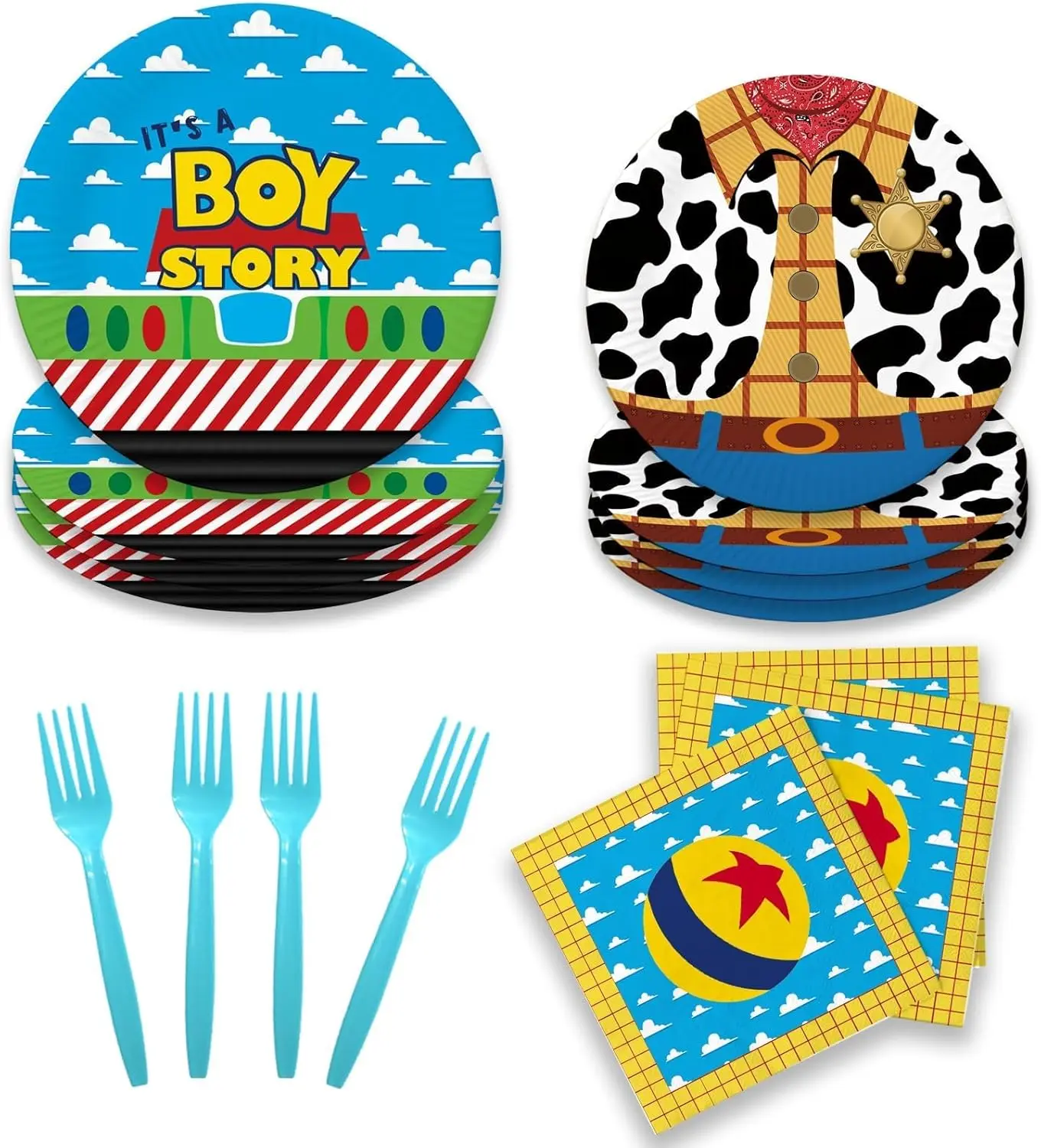Cartoon   Shower Supplies Tableware Set,  Shower Decorations Boy, Blue  Theme Inspired Story It' Boy Story Decorations, Plates, Napkins, Forks, Serves 24 Guests