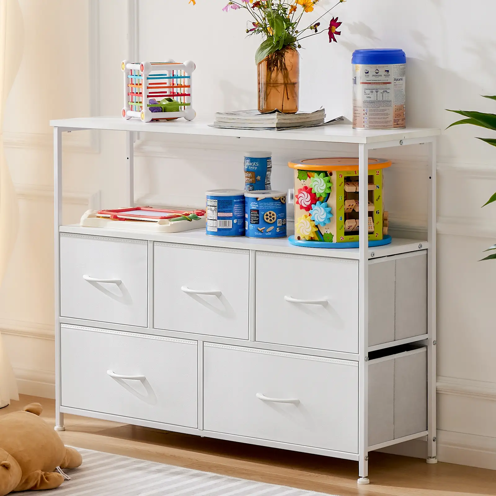 Sweet Furniture S - Dresser TV Stand, Entertainment Center with 5 Fabric Drawers, Media Console Table for TV with Open Storage Shelf Dresser