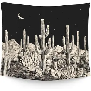 Western Country Black Hanging Wall Tapestry for Bedroom Cowboy Cowgirl, Desert Cactus Moon Midnight Wall Tapestries, Rustic Wall Hanging Room Decor Tapestry for Home Living Room Dorm,Gift