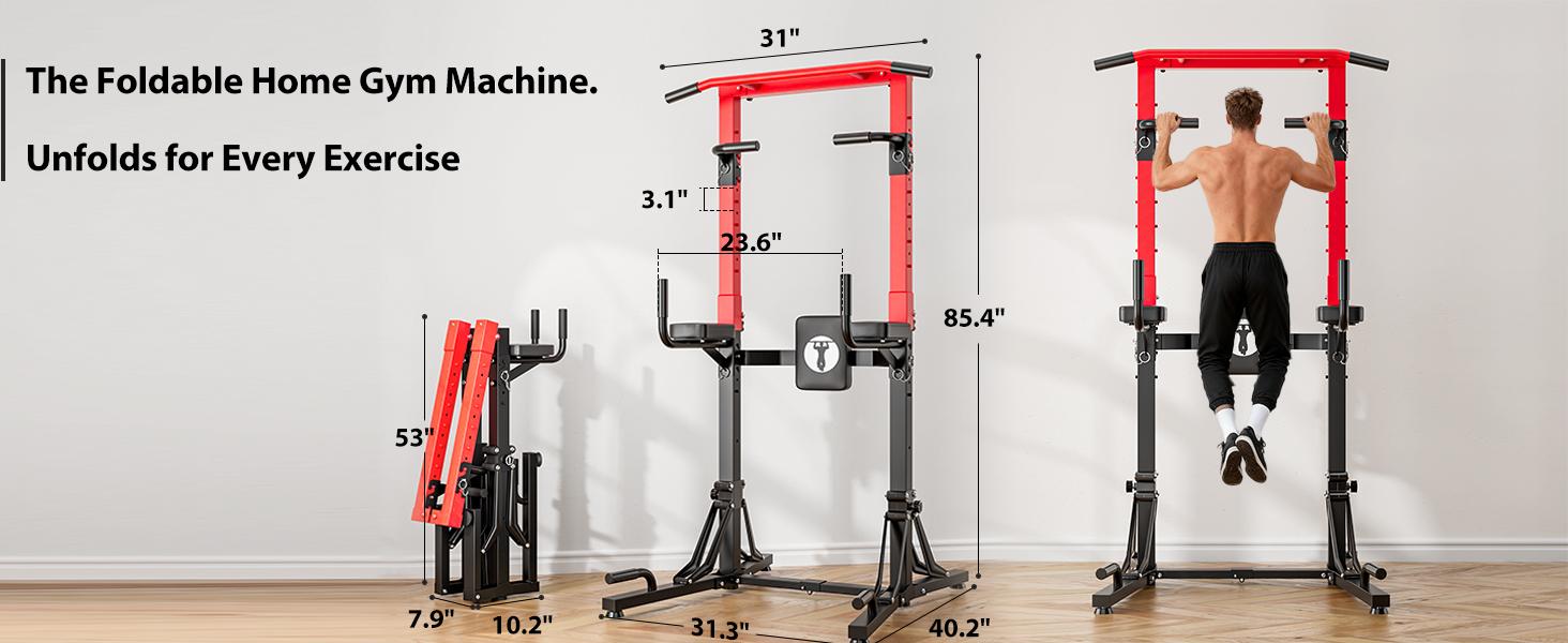 NICOLE SELECTION Power Tower with Adjustable Height & Foldable Design, Heavy Duty Pull Up Bar Station for Home Gym (150KG Load, Arm Protections, Stable Triangle Base)