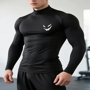Static Cuff Men's Smiling Face Print Quick-drying Tight Long-sleeved T-shirt Fitness Training Stretch Top Spring and Autumn Turtleneck Tees