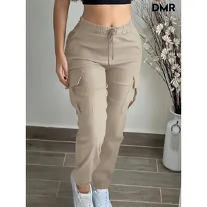 DMR casual outfits women Women's Black Elastic Waistband Drawstring Multi-Pocket Cargo Pants - Regular Fit All-Season Casual Work Style Pants adjustable jeans Bottoms Polyester