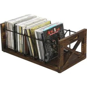 CD Storage Holder, 5-Slot house dustrial CD & DVD Storage Rack with Handles, Barn Door "X-" Design, Rustic Solid Burnt  and Black Metal Wire