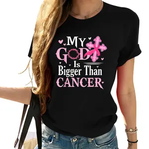 Women's 100% Cotton Comfortable Fitted Short-Sleeve Tee - Breast Cancer Awareness Garment with "My God Is Bigger Than Cancer" Jesus Design, Round Neck Fabric Top for Outdoor, Beach Use