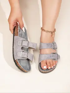 Trendy Fashion Buckle Flat Cork Slippers – Vacation Style, Summer Unisex Beach Thong Sandals with Ankle Strap, Outdoor Casual Cool Sandals, Comfortable for Autumn & Winter Indoor Wear