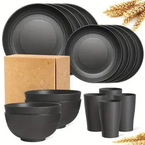 Factory direct sale of a 16-piece set of black and white kitchen utensils – robust, large-sized plastic utensils, including plates, dessert plates, cereal bowls, cups, dishwasher-safe and microwave-safe items, lightweight and durable.