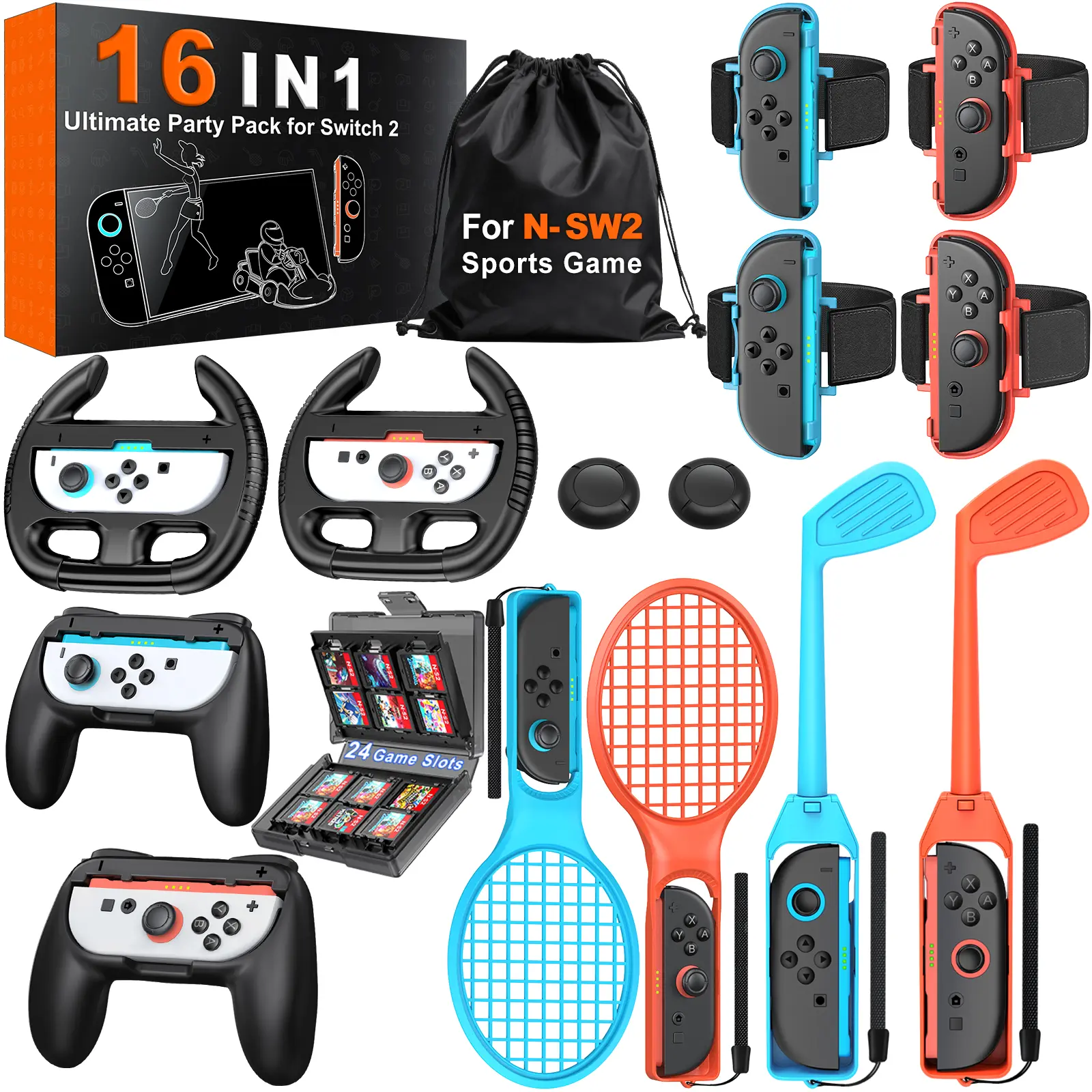 ESYWEN Switch 2 Sports Accessories Bundle – 16 in 1 Family Party Kit for Nintendo Switch 2 Only, with Golf Clubs, Tennis Rackets, Steering Wheels, Wrist & Leg Straps, Grips, Card Case & Storage Bag