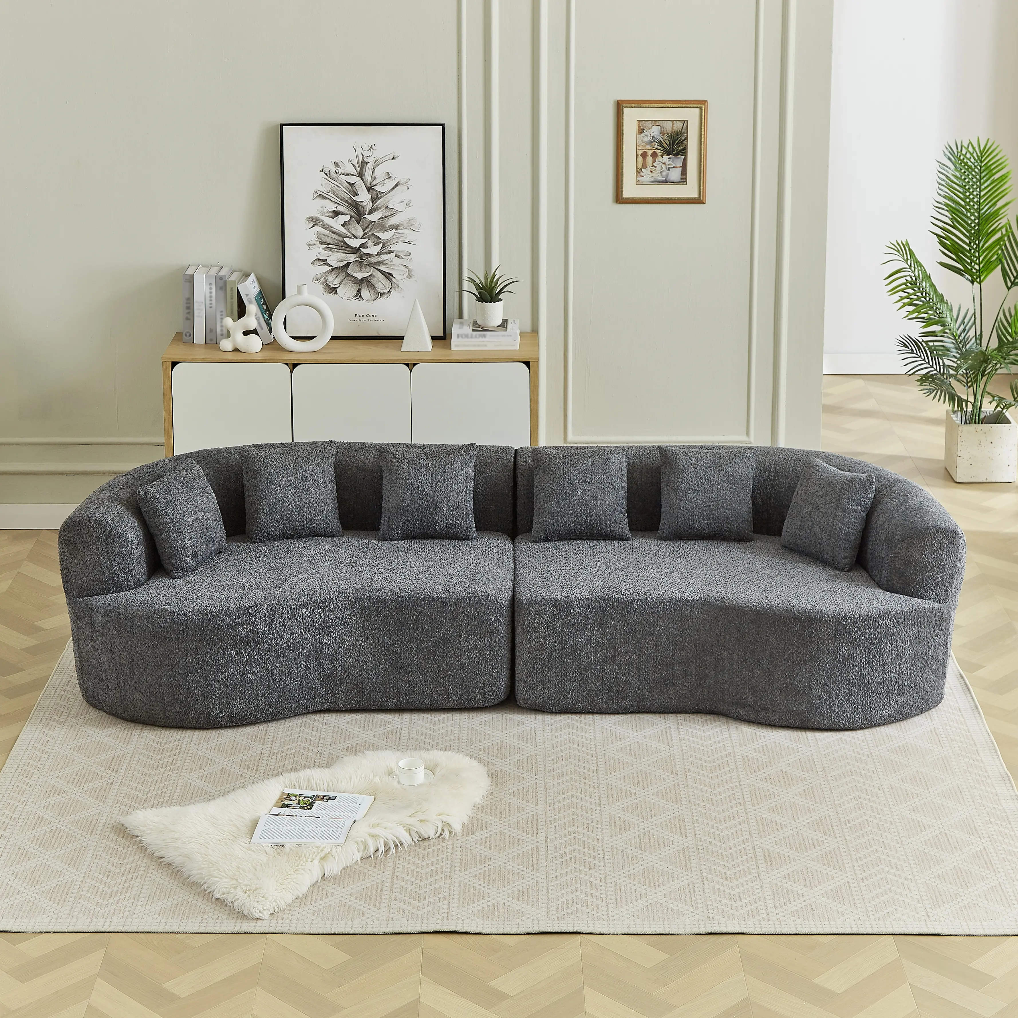 111.5" Extra-Deep Curved Modular Sofa – Plush Chenille Fabric, Memory Foam-Filled 4-Seater with 6 Decorative Pillows, Oversized Cloud-Style Couch, Perfect for Spacious Living Rooms