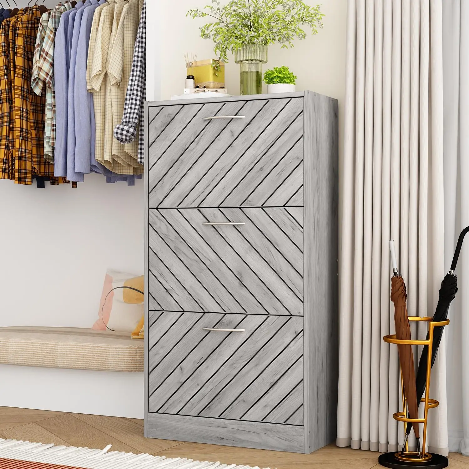 FUFU&GAGA  Updated Freestanding 3 Flip Drawers Shoe Cabinet Storage Organizer Furniture Organization