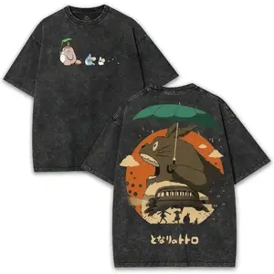 Heavyweight Vintage Washed Black Forest Spirit Graphic T Shirt Mens Retro Japanese Anime Inspired Nature Print Short Sleeve Crewneck Oversized Streetwear Casual Urban Aesthetic Tee