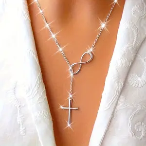 European and American Fashion Elegant Women's Cross Necklace Trendy Jewelry Direct Supply Lucky Figure-Eight Cross Necklace Silver