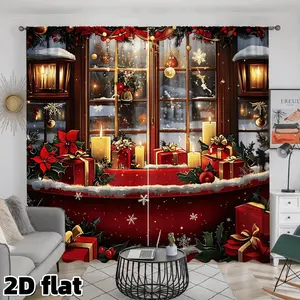 2D Flat 2Pcs Christmas Window Scene Curtains Holiday Gift Box Poinsettia Print Rod Pocket Design Semi Sheer Polyester Fabric Festive Home Decor for Living Room Bedroom Kitchen Treatment