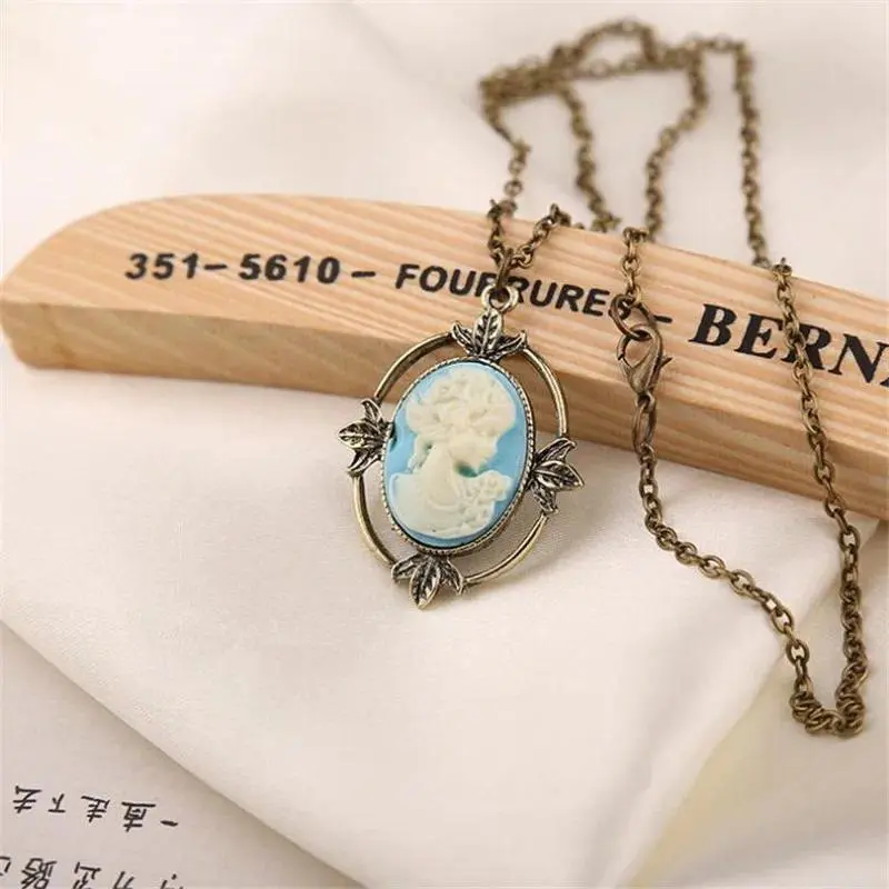 Antique Bronze Floral Trim Blue Base Cameo Woman Profile Necklace Classic Coquette Dark Academia Aesthetic Retro Layering Statement Jewelry for Teen Girls Daily Outfit Accessory,gift artificial jewelry intentions cruel y2k,cords for graduation.
