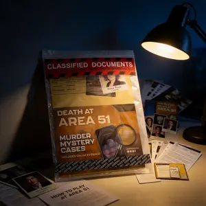 Unsolved Case Files Death at Area 51 - Thrilling Murder Mystery Games for Adults in a Classified Military Base - 47 Evidence Pieces, BE THE DETECTIVE, EXPOSE THE COVER-UP - Examine 47 pieces of physical evidence in this unsolved murder mystery game.