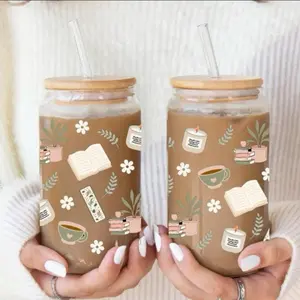 Book Lover's Coffee Glass cup with Bamboo Straw and Lid, Featuring Book and Flower Designs, Perfect for Iced Coffee Lovers Drinkware Cup