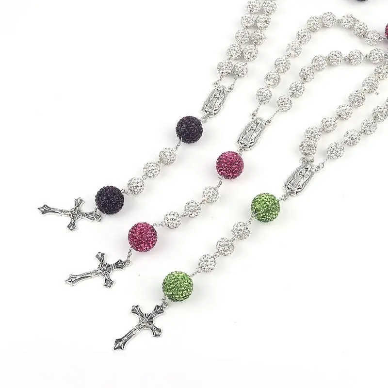 Long rosary cross necklace Sweater necklace Diamond gradient ball chain Men's and women's accessories Crystal cross pendant Long rosary cross necklace Sweater necklace Diamond gradient ball chain Men's and women's accessories Crystal cross pendant