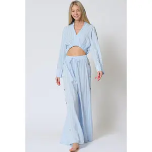 Light Blue Long Sleeve Crop Shirt & High-Waist Pants Set