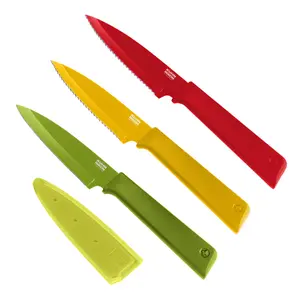 COLORI+ Prep Knives Set 3pcs - Ergonomic Design with Colorful Handles & Safety Sheaths - Paring & Serrated Knives for Effortless Kitchen Prep