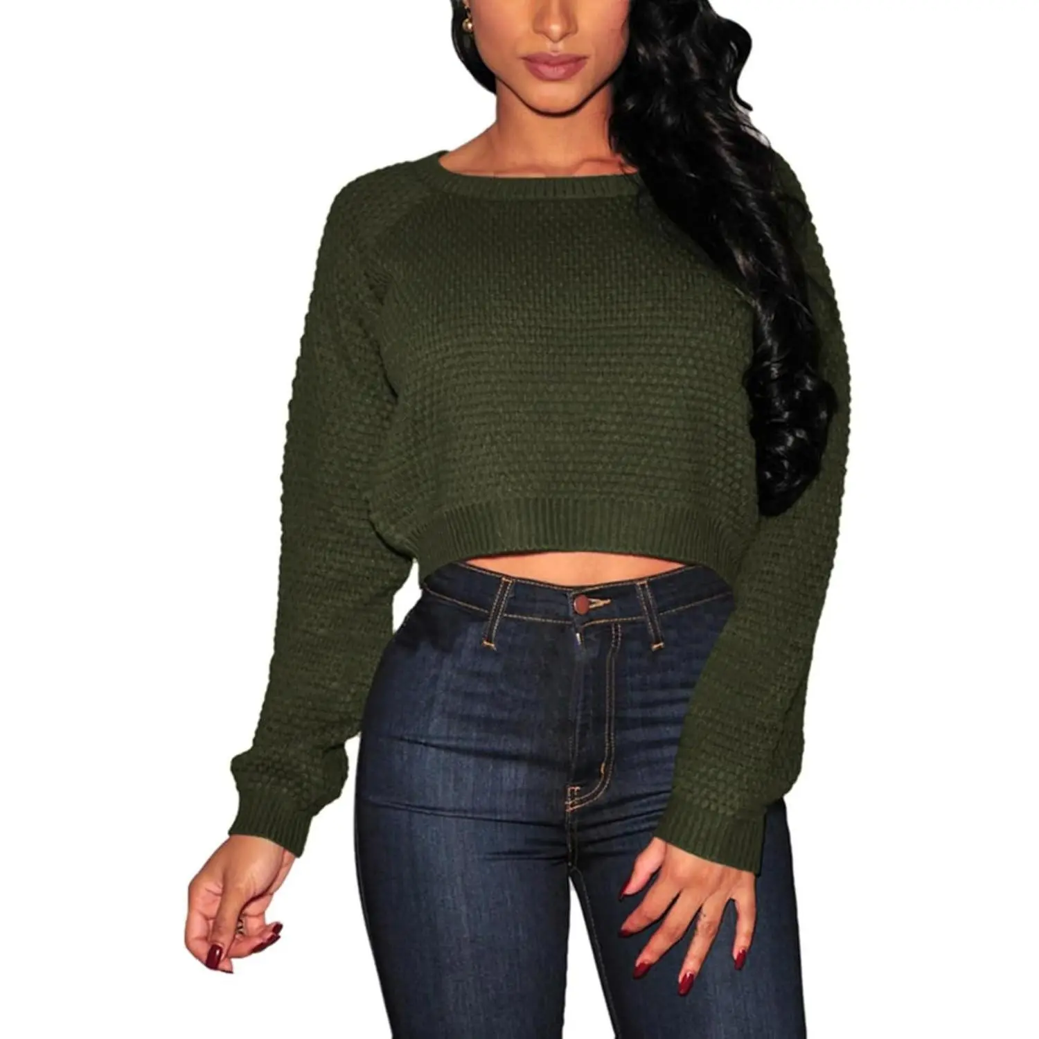 Pink Queen Women's Batwing Long Sleeve Knit Pullover Crop Sweater Top - Soft Acrylic Material, Casual Relaxed Fit, Round Neckline, Stylish & Flattering for Daily Wear, School, Work, Office, Club, Dating, Dinner, Holiday