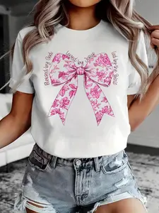 Blessed By God Loved By Jesus Pink Toile Coquette Bow T-Shirt Print T-Shirt Casual Crew Neck Short Sleeve Comfort Tee Top For Spring & Summer Women's Clothing