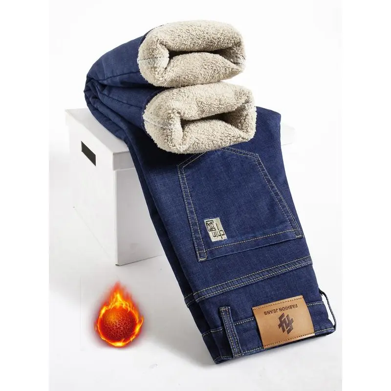Men's Fleece-Lined Jeans Casual Friday Jeans Winter Loose Straight Warm Casual Pants Thickened Warm Comfortable Men's Clothing