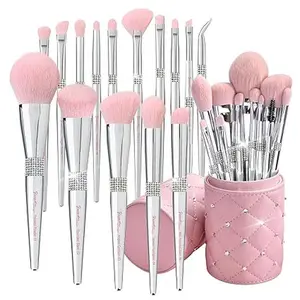 Elegant pink Ultra soft labeled Makeup Brushes Sets with Brush Holder makeup brush set with Foundation Powder blush blending contour Brush (15Pcs Silver Pink+Holder)