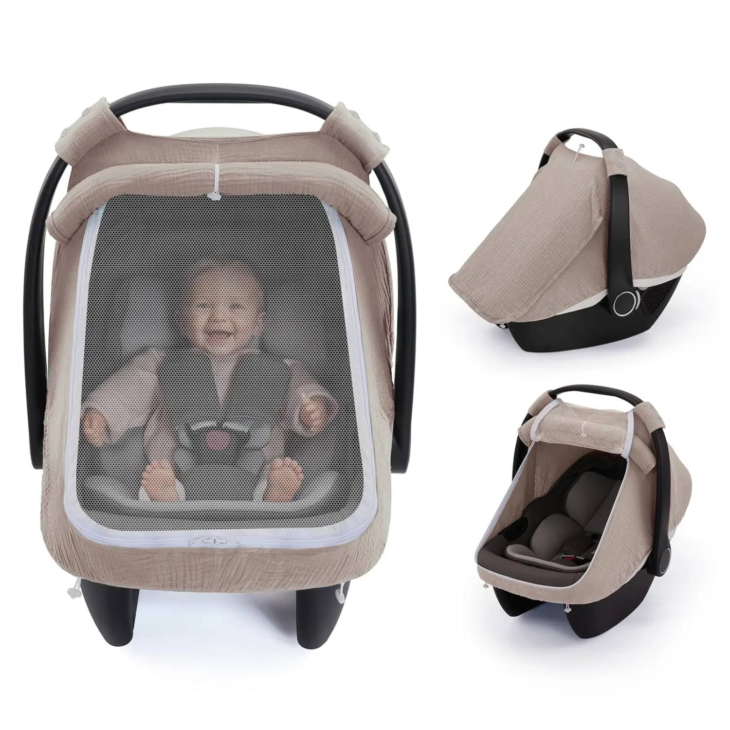 Blissful Diary Baby Car Seat Cover - Agreeable Gray, Extra Large Breathable Mesh Window, Breathable Muslin Cotton, Infant Windproof Canopy