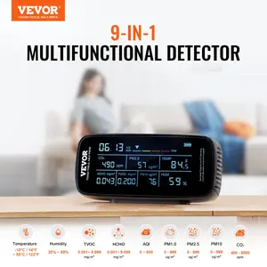 VEVOR Air Quality Monitor 9-IN-1, CO2, Temperature, Humidity, Formaldehyde TVOC AQI Tester, Professional PM2.5 PM10 PM1.0 Particle Counter for Indoor/Outdoor, Air Quality Meter w/Alarm Thresholds
