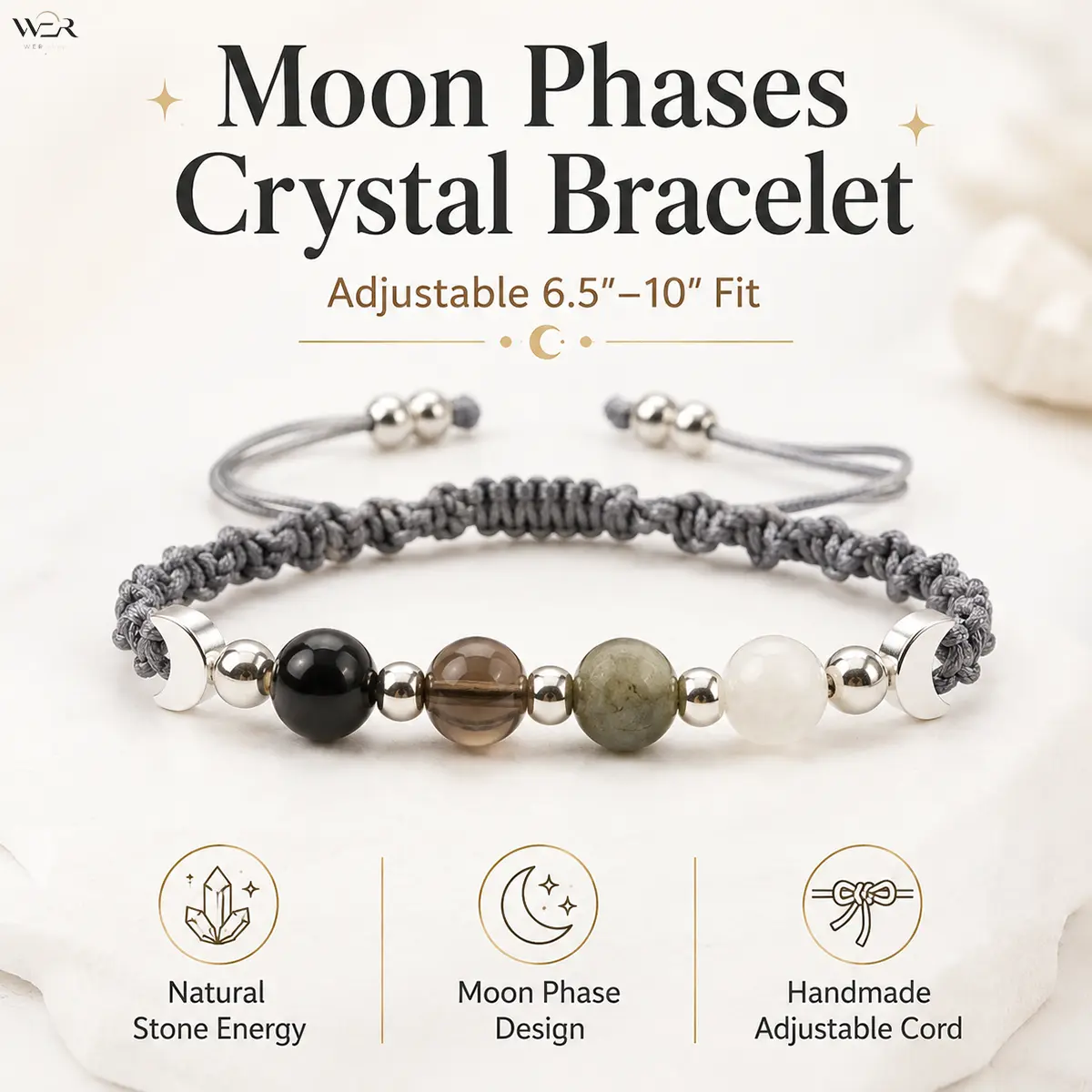 Boho Crystal Stone Bracelet for Women with Crescent Moon Charms, Handmade Divine Feminine Jewelry with Adjustable Sliding Knot for Daily Casual Wear, Bracelets For Women, Natural Stones, Crescent Moons, Bohemian Charm, 16.5–25.4 Cm, Moon Phases, Adjustabl
